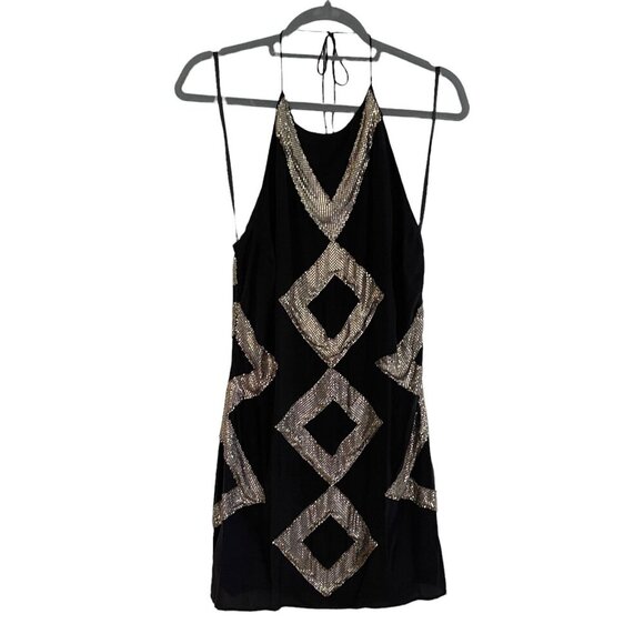 Sheri Bodell Black Silk Sequin Backless Halter Mini Shift Dress Size M - Picture 9 of 10